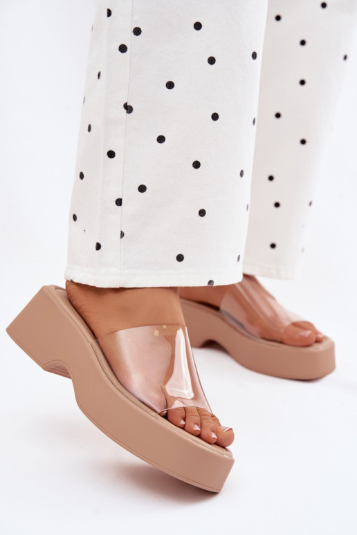 Dames zandkleurige platformslippers met doorzichtige banden Selestia