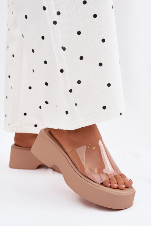 Dames zandkleurige platformslippers met doorzichtige banden Selestia