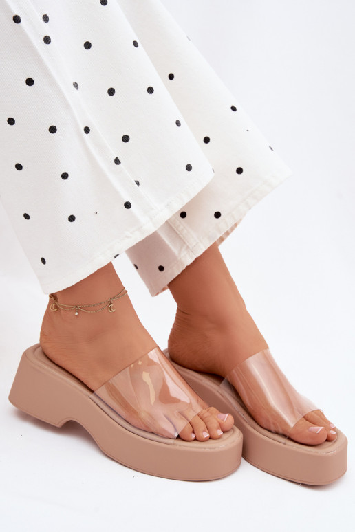 Dames zandkleurige platformslippers met doorzichtige banden Selestia