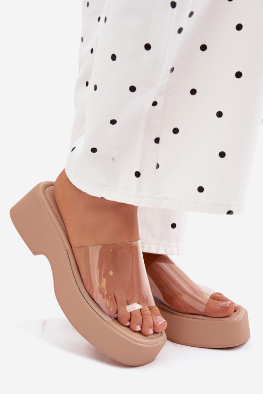 Dames zandkleurige platformslippers met doorzichtige banden Selestia