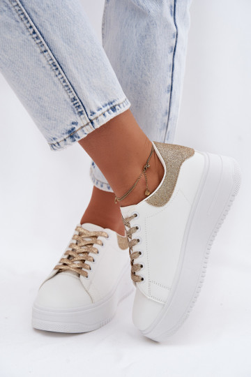 Witte en gouden dames sneakers met platform en glans van faux leather Calinae