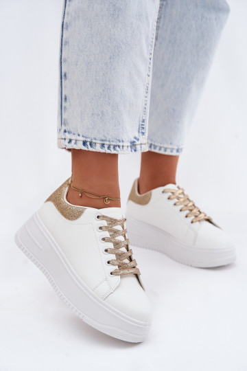Witte en gouden dames sneakers met platform en glans van faux leather Calinae 2