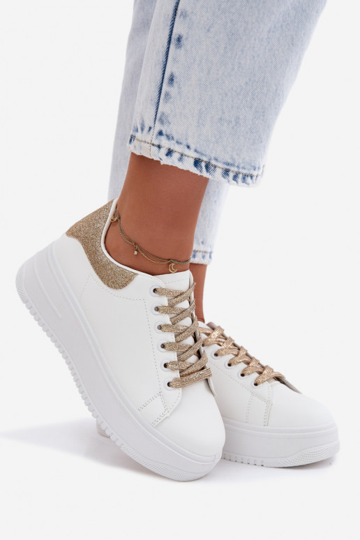 Witte en gouden dames sneakers met platform en glans van faux leather Calinae