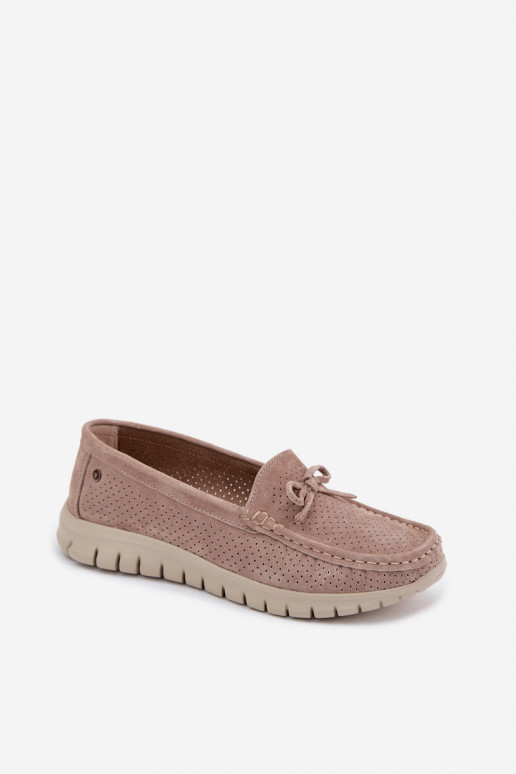 Zandkleurige faux suede dames mocassins met strikken Vinceza 95401