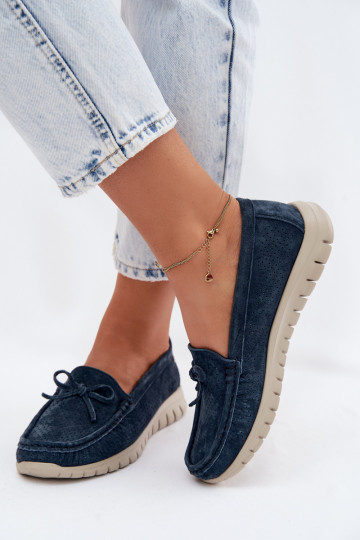 Donkerblauwe faux suede dames mocassins met strikken Vinceza 95401