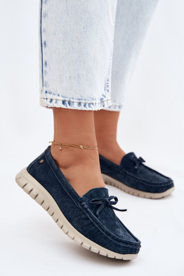 Donkerblauwe faux suede dames mocassins met strikken Vinceza 95401 2