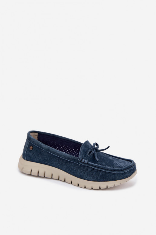 Donkerblauwe faux suede dames mocassins met strikken Vinceza 95401
