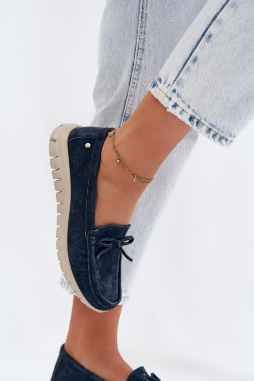 Donkerblauwe faux suede dames mocassins met strikken Vinceza 95401