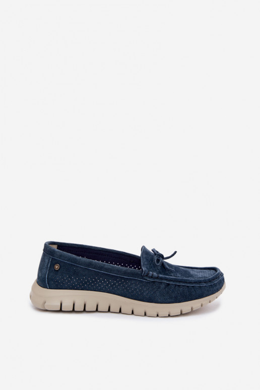 Donkerblauwe faux suede dames mocassins met strikken Vinceza 95401