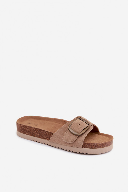 Zandkleurige nubuck dames slippers met gespen Emiline