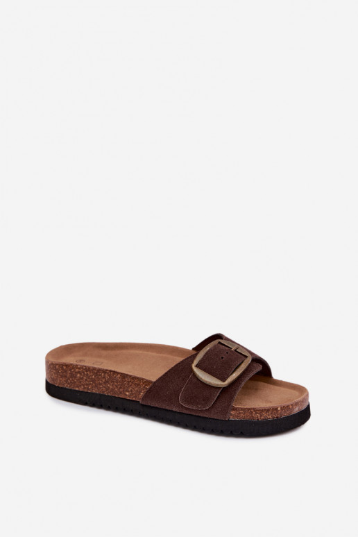 Chocoladekleurige nubuck dames slippers met gespen Emiline