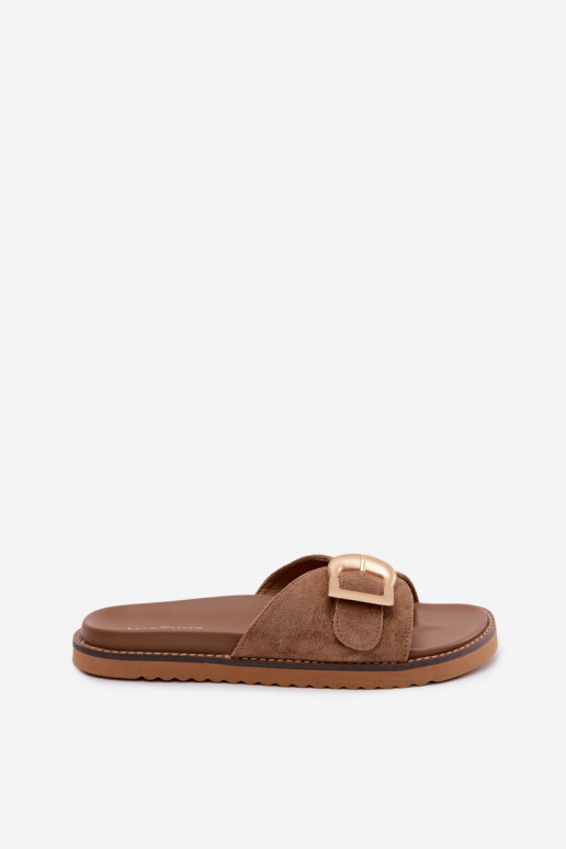 Zandkleurige dames slippers met gouden gespen Elviane