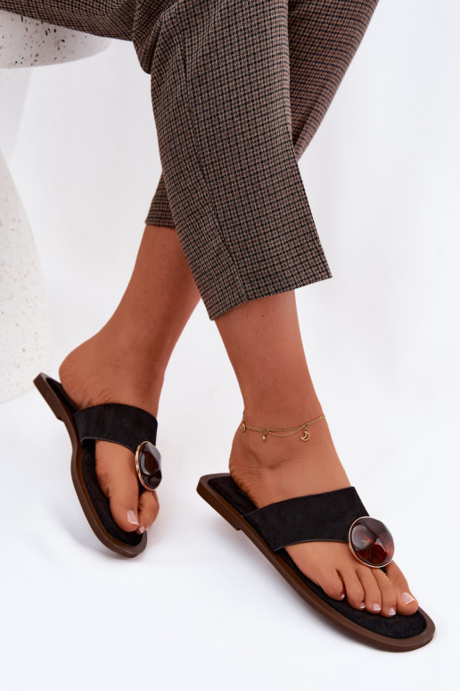 Zwarte platte slippers met faux suede ornamenten Selvessa