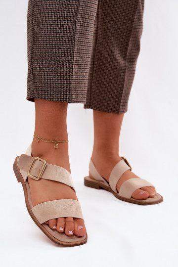 Zandkleurige dames sandalen met brede hakken en gouden gespen Verissea
