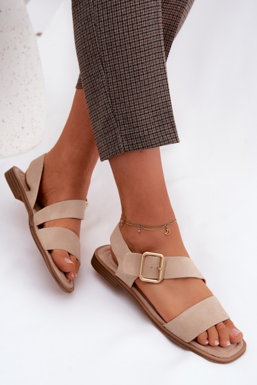 Zandkleurige dames sandalen met brede hakken en gouden gespen Verissea