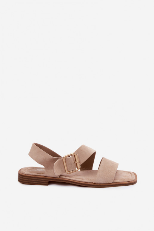 Zandkleurige dames sandalen met brede hakken en gouden gespen Verissea