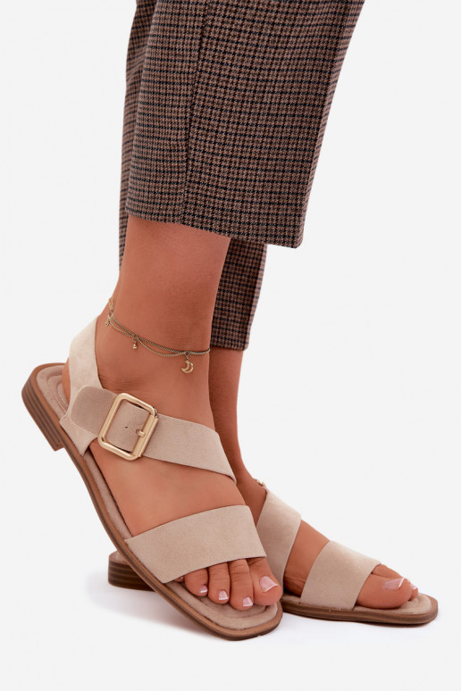 Zandkleurige dames sandalen met brede hakken en gouden gespen Verissea