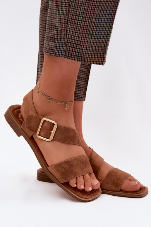 Dames sandalen met brede hakken met gouden gespen bruine kleur Verissea