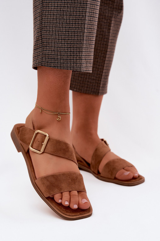Bruine dames sandalen met brede hakken en gouden gespen Verissea