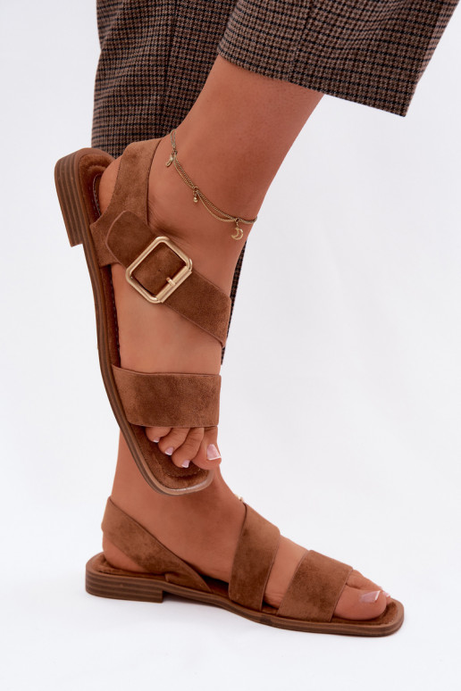 Dames sandalen met brede hakken met gouden gespen bruine kleur Verissea