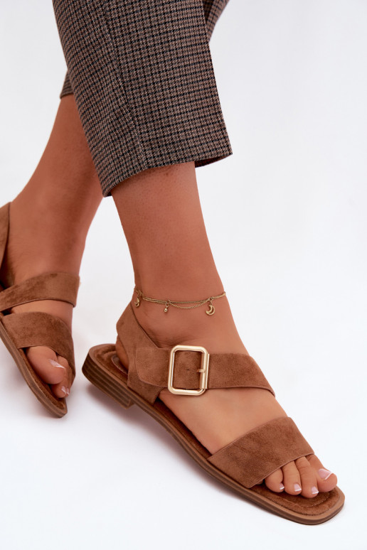 Dames sandalen met brede hakken met gouden gespen bruine kleur Verissea