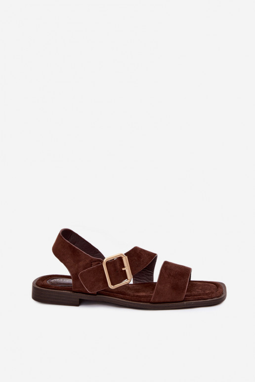 Chocolade dames sandalen met brede hakken en gouden gespen Verissea