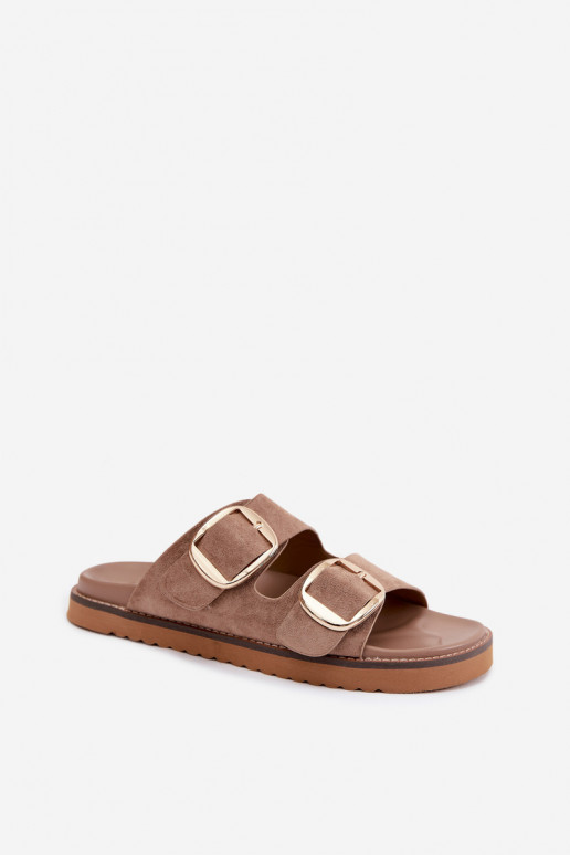 Gouden dames slippers met faux suede gespen in kaki Averia