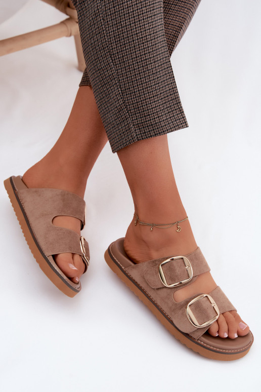 Gouden dames slippers met faux suede gespen in kaki Averia