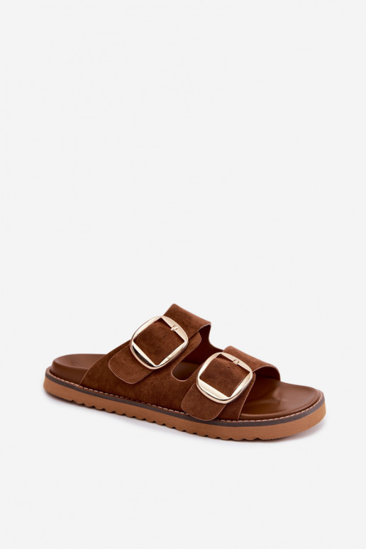 Gouden dames slippers met faux suede gespen in bruin Averia