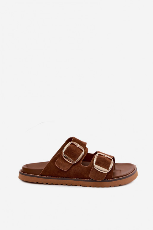 Gouden dames slippers met faux suede gespen in bruin Averia