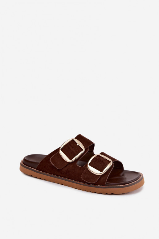 Dames slippers van faux suede met gouden gespen Czekolado Averia