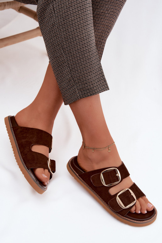 Dames slippers van faux suede met gouden gespen Czekolado Averia