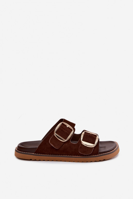 Dames slippers van faux suede met gouden gespen Czekolado Averia