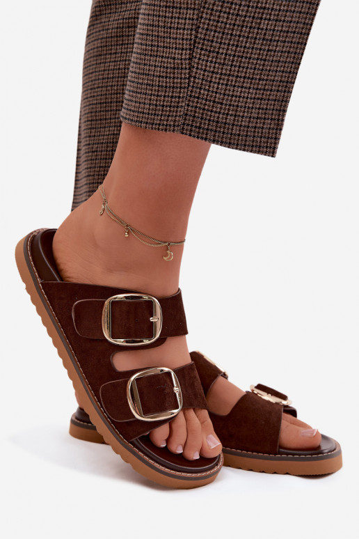 Dames slippers van faux suede met gouden gespen Czekolado Averia