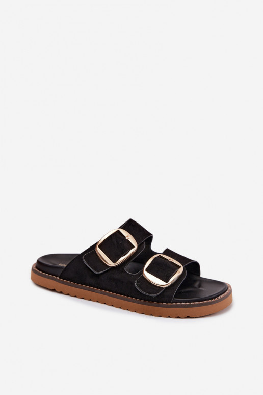 Dames slippers van faux suede met gouden gespen in zwart Averia