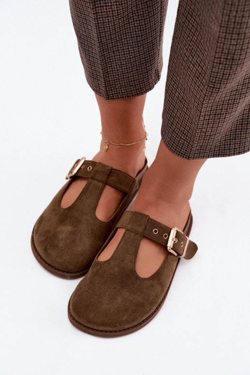 Dames slippers van faux suede in khaki kleur Melvia