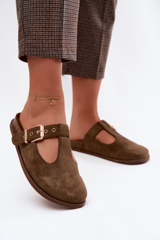 Dames slippers van faux suede in khaki kleur Melvia