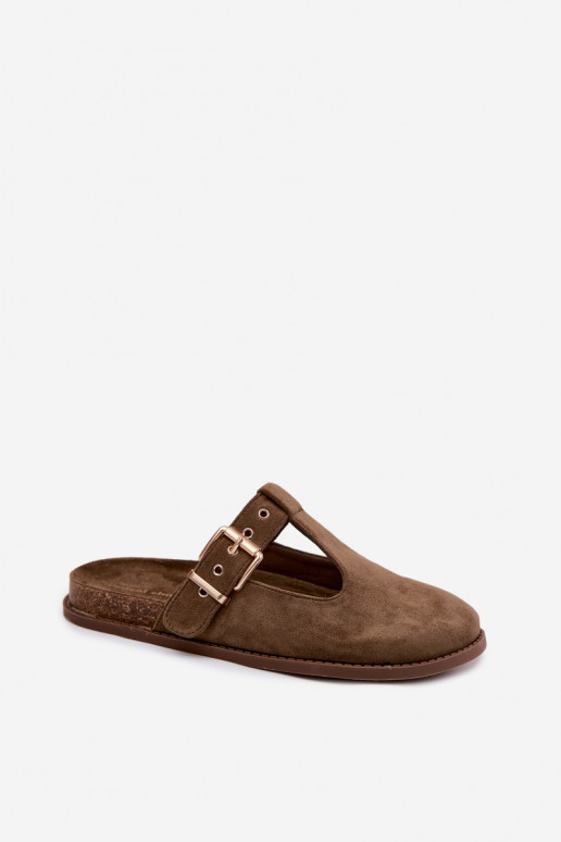 Dames slippers van faux suede in khaki kleur Melvia