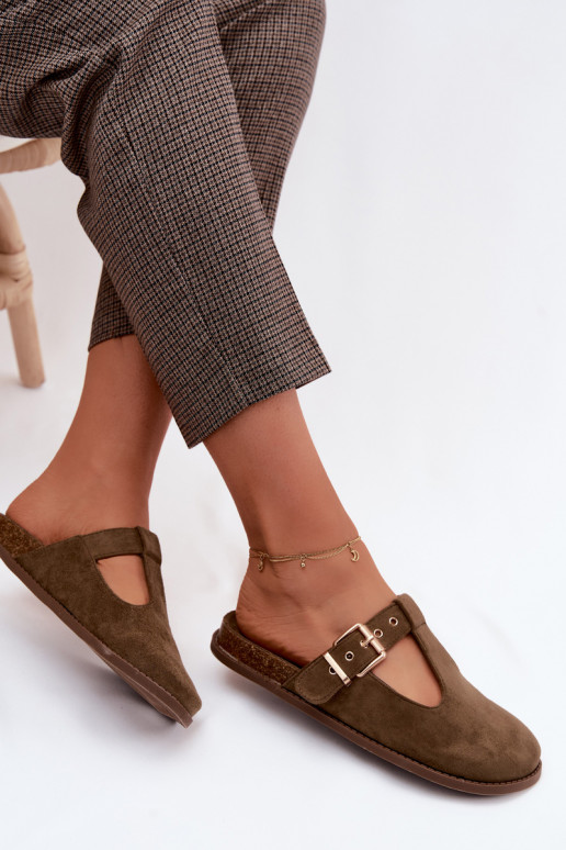 Dames slippers van faux suede in khaki kleur Melvia