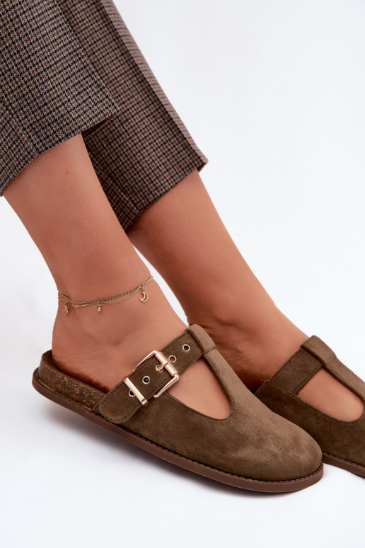 Dames slippers van faux suede in khaki kleur Melvia