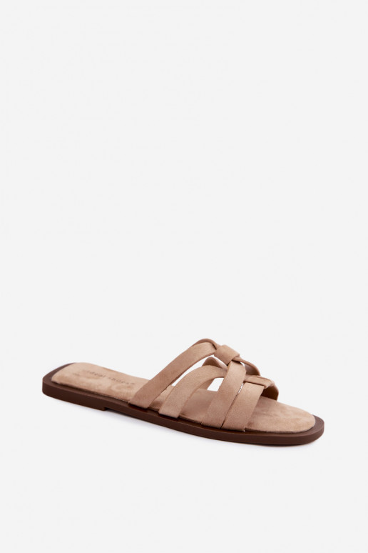 Dames slippers met banden van faux suede in zandkleur Calvia