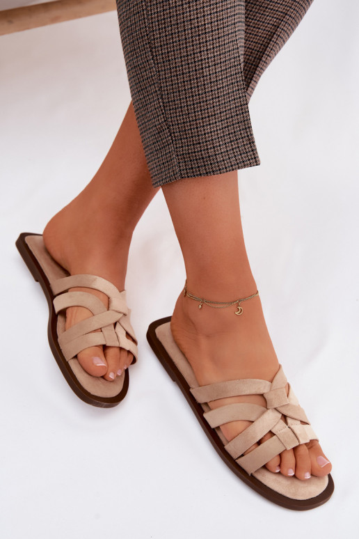 Dames slippers met banden van faux suede in zandkleur Calvia
