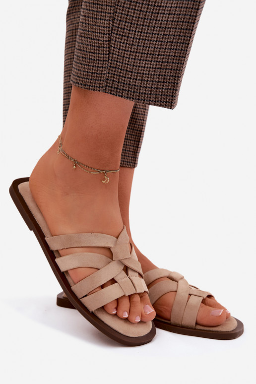 Dames slippers met banden van faux suede in zandkleur Calvia