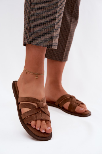 Dames slippers met banden van faux suede in bruin Calvia 2