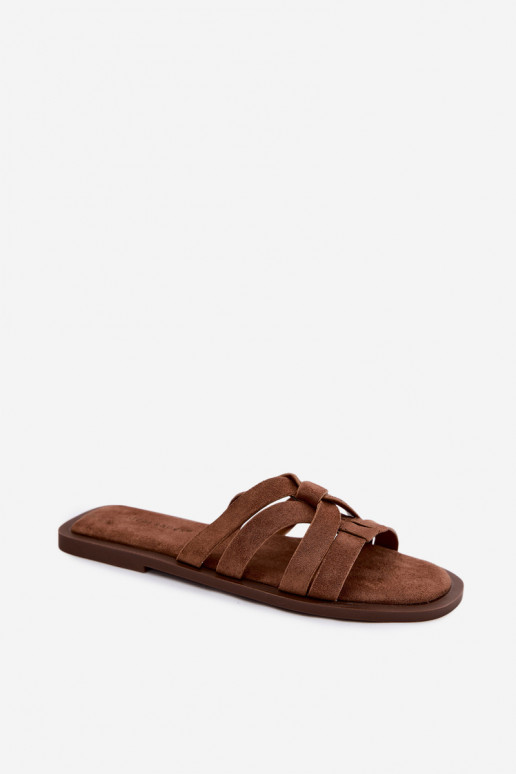 Slippers Dames plat Met Strepen Imitacja van suèdeu bruine kleur Calvia