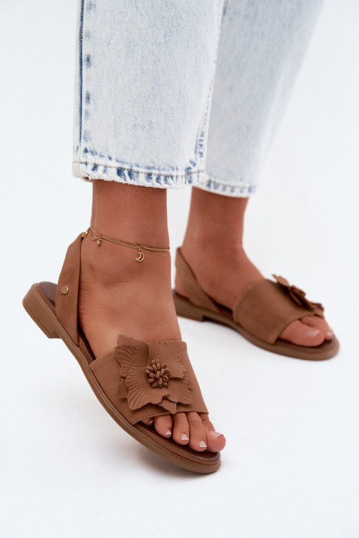 Leer Sandalen van suède met brede hakken Met sierlijk Een bloem Zazoo 407471 bruine kleur