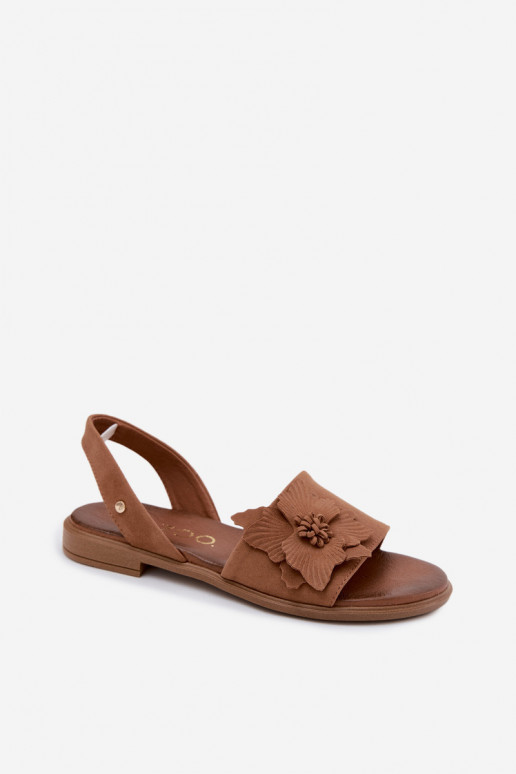 Suède sandalen met brede hakken en decoratieve bloemen Zazoo 407471 in bruin