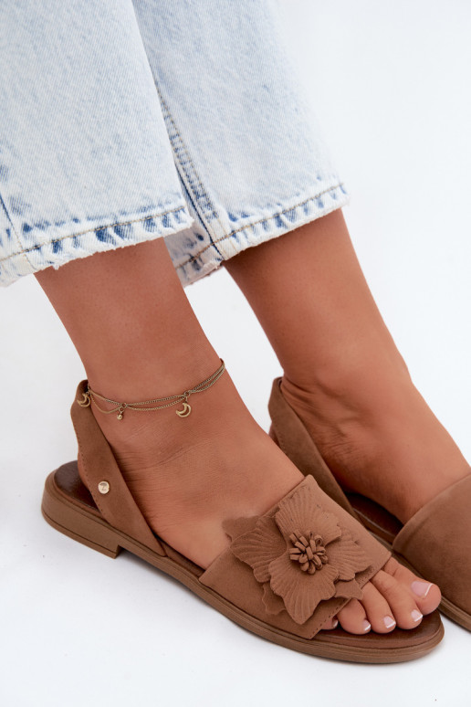 Leer Sandalen van suède met brede hakken Met sierlijk Een bloem Zazoo 407471 bruine kleur