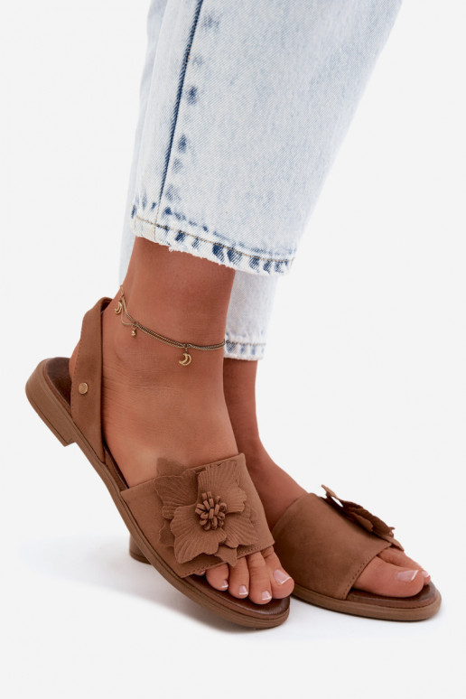 Leer Sandalen van suède met brede hakken Met sierlijk Een bloem Zazoo 407471 bruine kleur