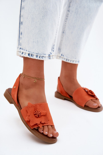 Suède sandalen met brede hakken en decoratieve bloemen Zazoo 407471 in oranje